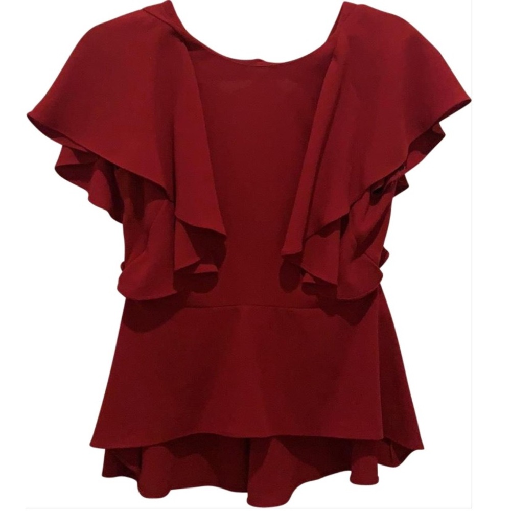 Dark red ruffle sleeves peplum top
